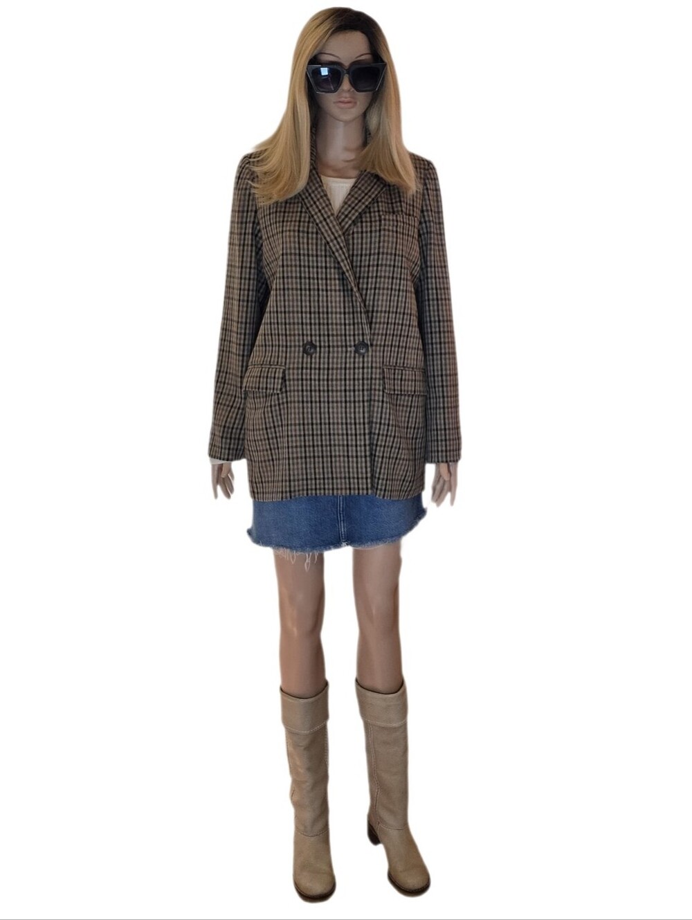 Madewell Caldwell Plaid Double Breasted Blazer Brown Tan Medium